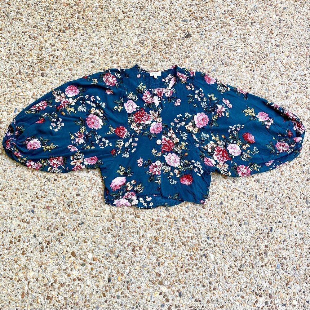 Umgee Crop Green Floral Balloon Sleeves Blouse Size S